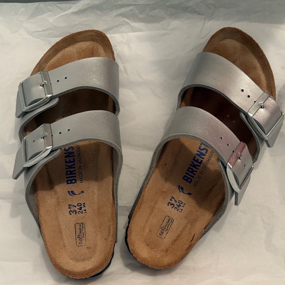 Birkenstock Shoes - Birkenstock Silver Arizona Two-Strap Sandals